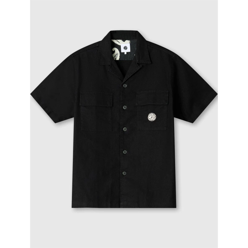Image of Pretty Green Mens Stamford Cuban Collar Short-Sleeve Plain Shirt Black male Small