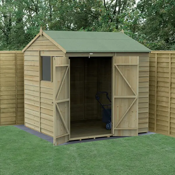 Image of 7' x 7' Forest 4Life 25yr Guarantee Overlap Pressure Treated Double Door Reverse Apex Wooden Shed (2.28m x 2.12m)