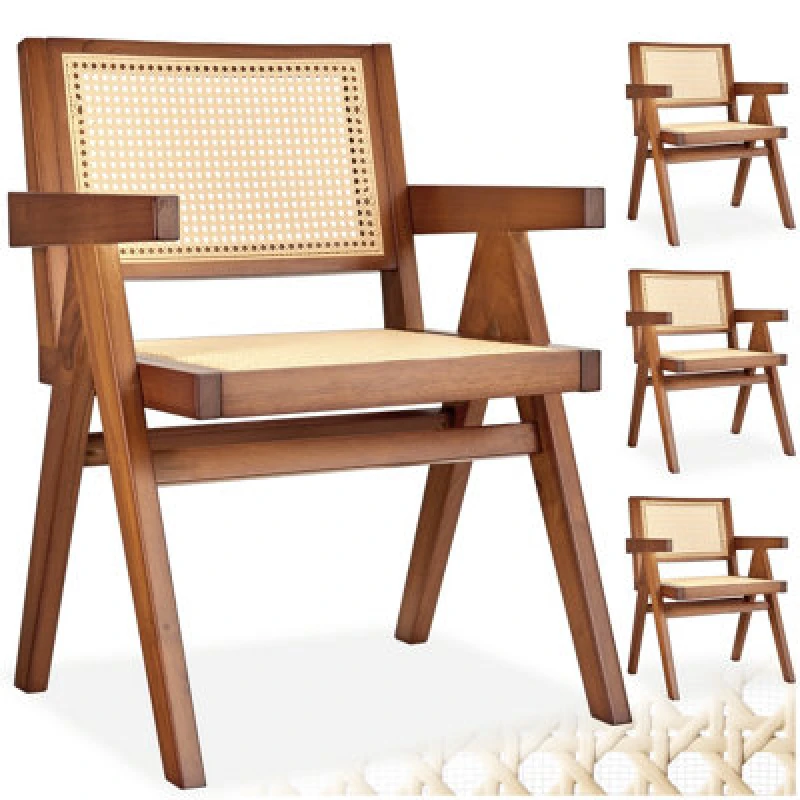 Image of Tectake Set Of 4 Dining Chair Lizzy With Mid-Century Modern Design, Rattan Backrest And Solid Wood Frame - Dark Oak