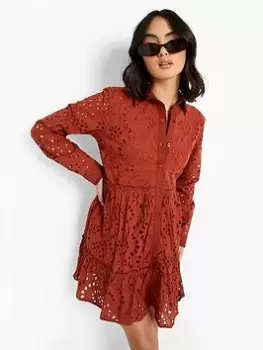 Image of Boohoo Broderie Tiered Shirt Dress - Rust