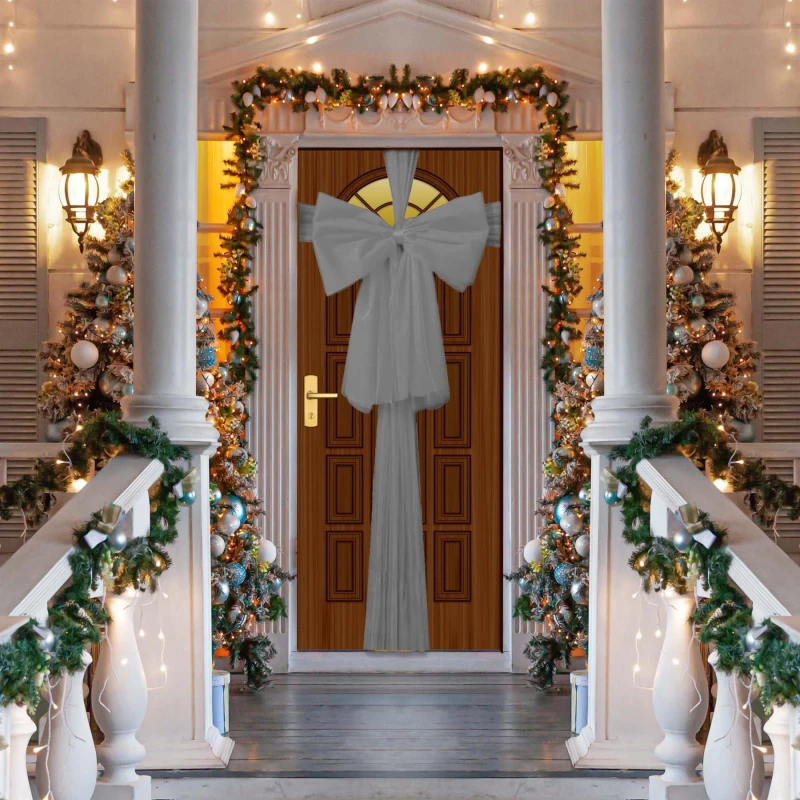 Image of Shatchi Christmas Door Bow - 9m Giant Bow Door Cover - Front Door Decorations for Xmas Wedding, Baby Shower Outside Home Decor Silver