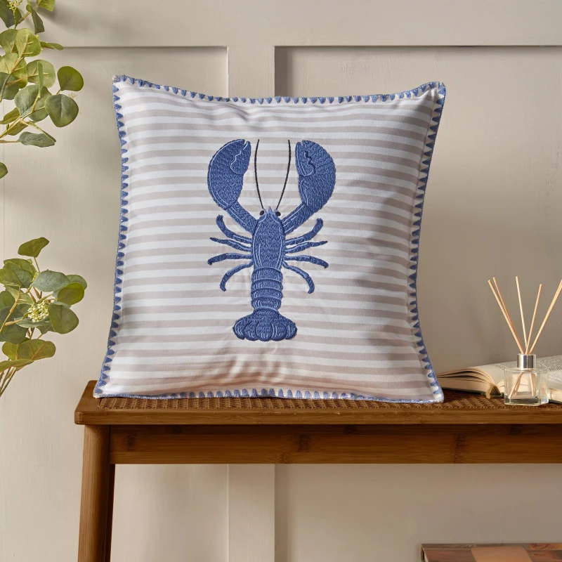 Image of Catherine Lansfield 'Lobster' Embroidered Cushion Blue