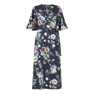 Image of Yumi Navy Cluster Floral Satin Wrap Dress - Blue