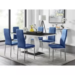 Image of Furniturebox UK - Furniturebox Giovani 6 Black Dining Table & 6 Navy Milan Velvet Dining Chairs Diamond Stitch Modern Contemporary Chrome Metal