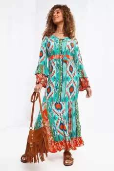 Image of Patterned Long Sleeve Button Through Tie Waist Maxi Dress