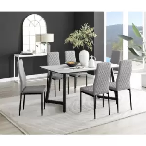 Image of Furniturebox Carson White Marble Effect Rectangular 160cm Dining Table & 6 Grey Milan Black Leg Faux Leather Chairs