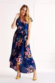 Image of Blue Floral Wrap Over Dipped Hem Midi Dress