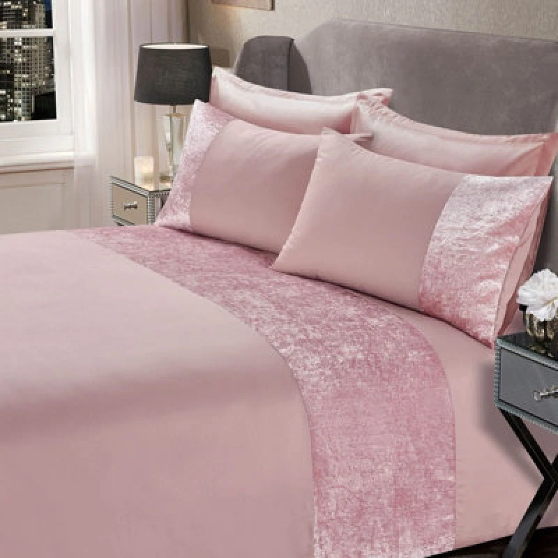 Image of OHS OHS Crushed Velvet Panel Duvet Cover with Pillow Case Set in Light Pink Size: Double Light Pink Double Unisex 5027434131259