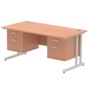 Image of Impulse 1600 Rectangle Silver Cant Leg Desk Beech 2 x 2 Drawer Fixed Ped