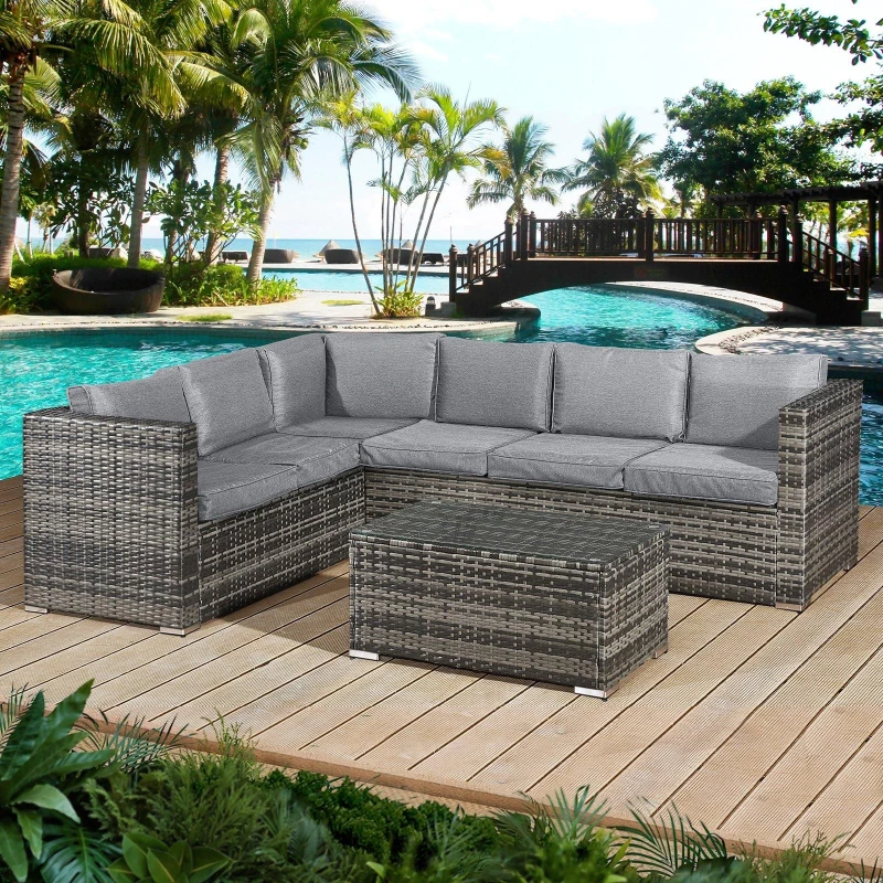 Image of OSeasons Acorn Rattan 6 Seat Corner Sofa Set In Walnut Grey