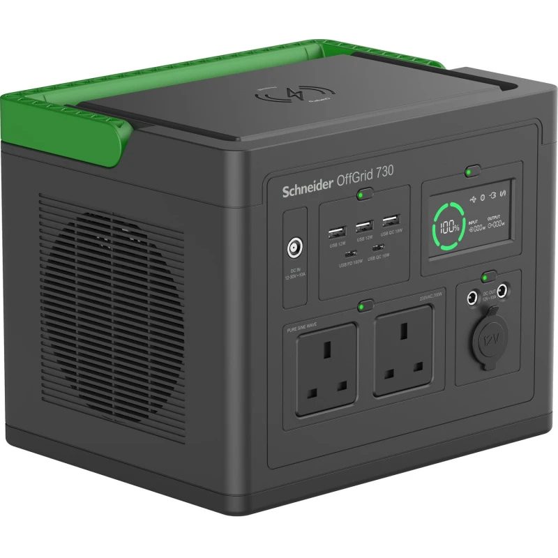 Image of APC APC SE OffGrid Portable Power Station 730 - Li-Ion battery, LCD, 2x UK outlets, 3x USB-A, 2x USB-C, 3x 12V, Wireless charger PPS730-UK