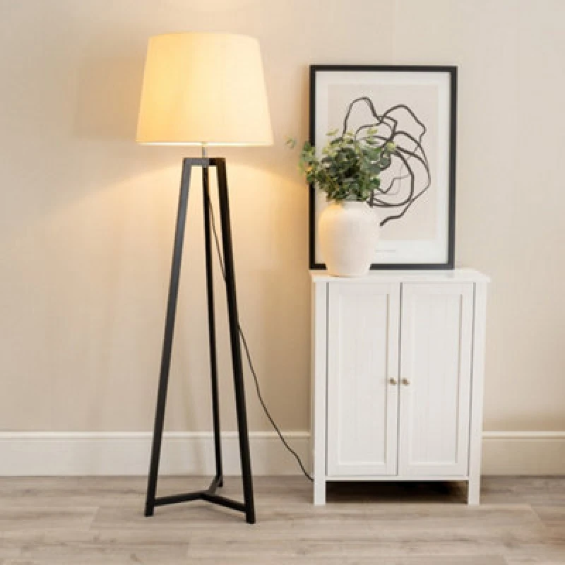 Image of ValueLights Lottie Black Wood Tripod Floor Lamp with Fabric Tapered Shade and LED Bulb Cream