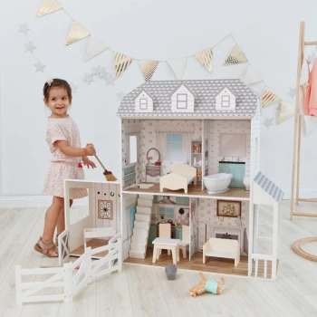 Image of Large Dreamland Farmhouse Dolls House Wooden Doll House 2.9ft With 14 Doll Accessories TD-12901A - White / Grey - Olivia's Little World