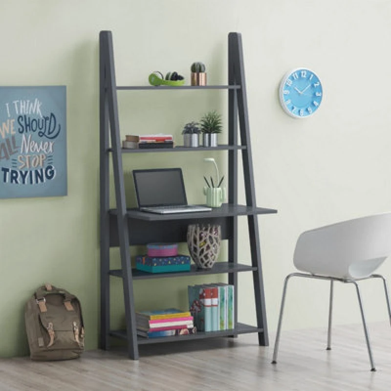 Image of Timber Art Design Riva Retro Ladder Bookcase Desk Shelving Shelf Unit 5 Tier Dark Grey