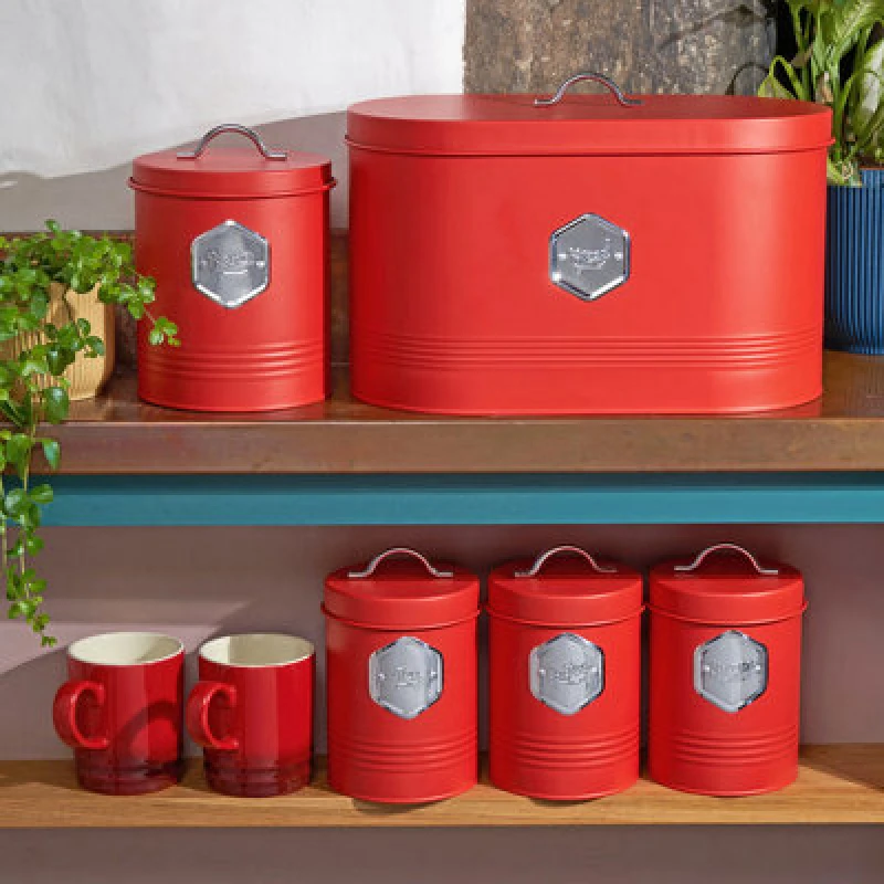 Image of Cooks Professional 5 Piece Tea Coffee Sugar Bread & Biscuit Cannister Set - Labelled Kitchen Storage Tins - Red & Silver