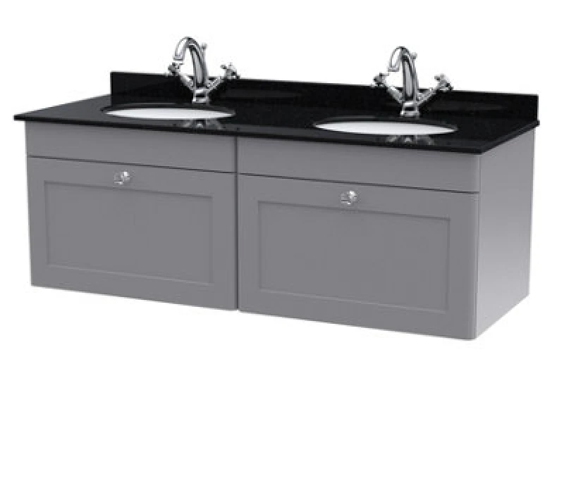 Image of NUIE Classique Satin Grey 1200mm Wall Hung 2 Drawer Vanity Unit with Black Marble Countertop and 2 Round Basins with 2 Tap Holes - CLC294BR2 - Nuie CL