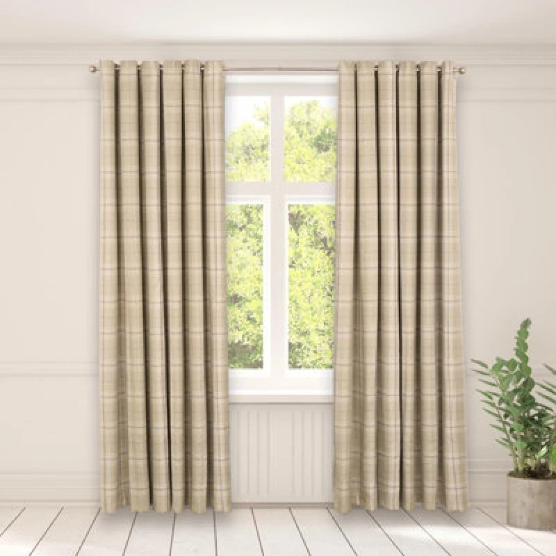 Image of OHS OHS Pair Of Woven Check Eyelet Curtains Textured in Green Size: 168cm width x 183cm drop Green 168cm width x 183cm drop Unisex 5027434179435
