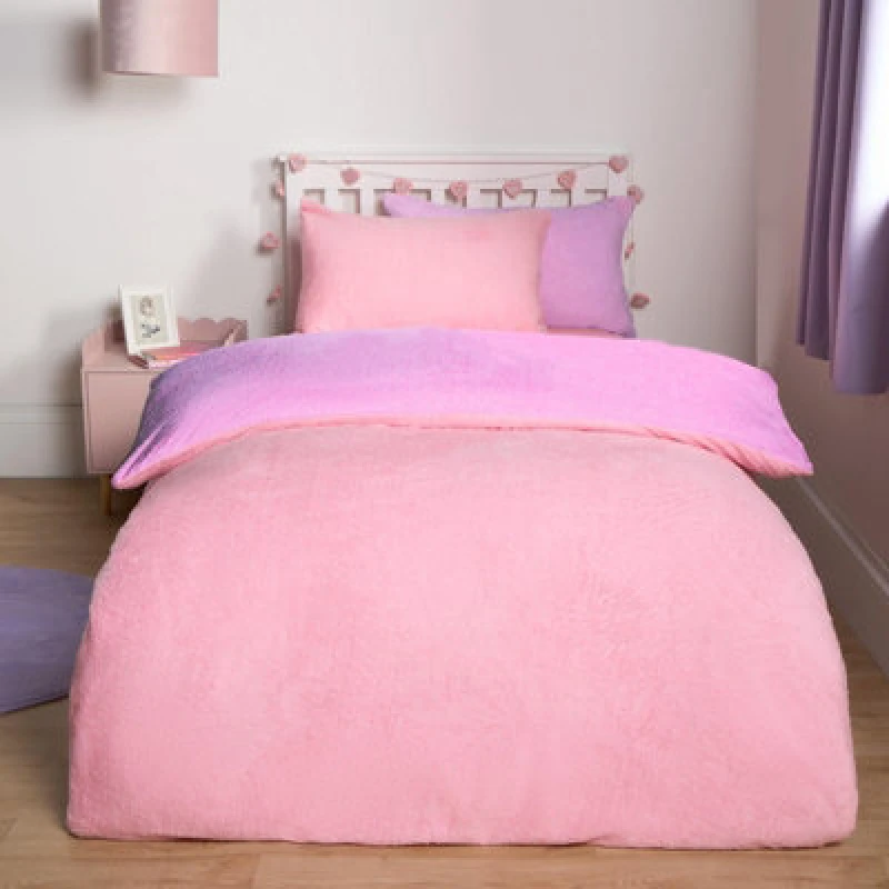 Image of OHS OHS Reversible Teddy Duvet Cover with Pillowcase in Lilac Size: Double Lilac Double Unisex 5027434222964
