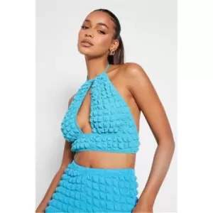 Image of I Saw It First Blue Textured Plunge Front Halterneck Crop Top - Blue