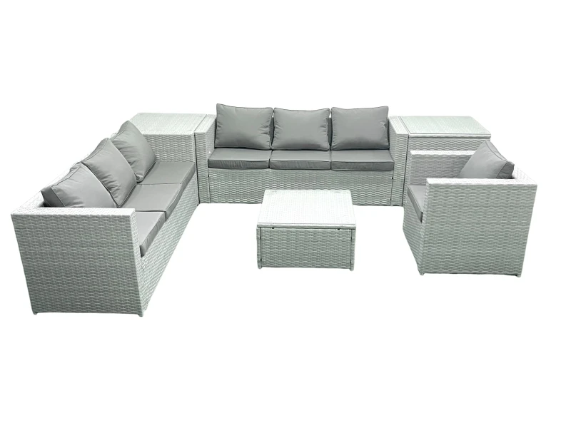 Image of Fimous Wicker PE Rattan Sofa Garden Furniture Set with Armchair Square Coffee Table 2 Side Tables Light Grey Mixed Light Grey