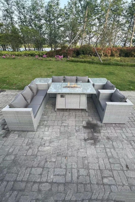 Image of Fimous Rattan Fire Pit Garden Furniture Set Gas Heater Burner Lounge Sofa Dining Set 2 Side Coffee Table Light Grey