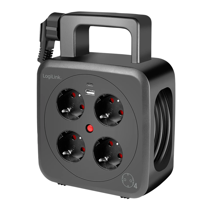 Image of LogiLink Power Cable Reel 5m. 4 sockets. w/ USB-A & USB-C 20W. IP