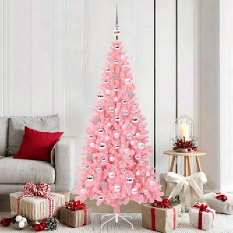 Image of vidaXL Christmas Tree with 300 LEDs, Pink Balls with Stand Pink 180cm PVC, Pink 3396431