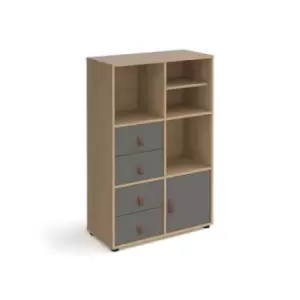 Image of Universal cube storage unit 1295mm high on glides with matching shelf, cupboard and 2 sets of drawers - oak with grey inserts