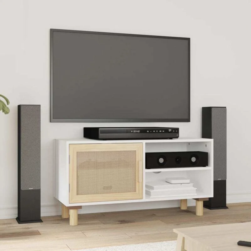 Image of Vidaxl TV Cabinet White 80X30X40 Cm Solid Wood Pine And Natural Rattan, White 345612