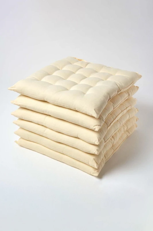 Image of Homescapes Plain Seat Pad with Button Straps, 40 x 40cm, Set of 6 Cream