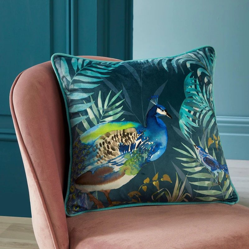 Image of Soiree 'Peacock Jungle' Velvet Filled Cushion Teal