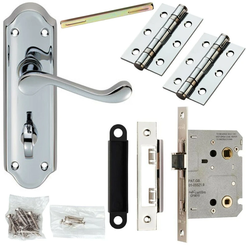 Image of Loops Door Handle & Bathroom Lock Pack Chrome Scroll Upturned Thumb Turn Backplate Multi
