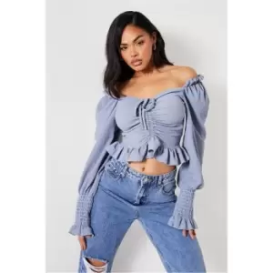 Image of I Saw It First Dusty Blue Textured Milkmaid Ruched Front Blouse - Blue
