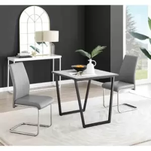 Image of Furniture Box Carson White Marble Effect Square Dining Table and 2 Grey Lorenzo Chairs
