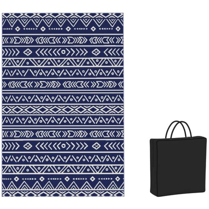 Image of Outsunny 1.8 x 2.7m Reversible Outdoor RV Rug, Geometric, Blue and White Blue