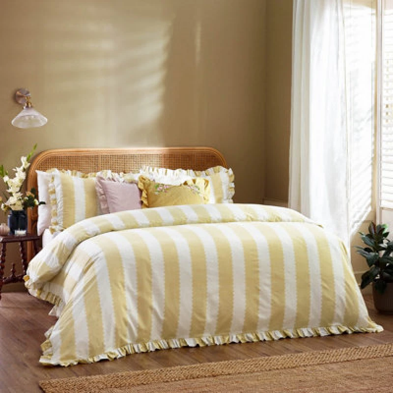 Image of Wylder Nature Wylder Birdie Stripe Ruffle Single Duvet Cover Set Butter Yellow, Yellow 5025532851659.00