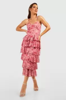 Image of Chiffon Floral Tiered Strappy Midi Dress