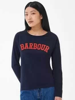 Image of Barbour Bracken Long Sleeve Boucle Logo Jersey Top - Navy, Size 12, Women