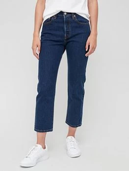 Image of Levis 501 Crop High Waist Straight Leg Jean - Dark Blue Size 29, Inside Leg 30, Women
