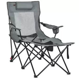 Image of Outsunny Foldable Reclining Garden Chairs with Footrest and Adjustable Backrest, Portable Camping Chair with Headrest, Cup Holder and Carry Bag, Grey