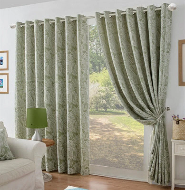 Image of Luxury Living Chenille Jacquard Lined Ring Top Eyelet Curtains Green