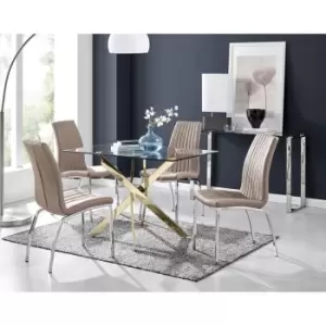 Image of Furniturebox Leonardo 120cm Modern Glass And Gold Metal Leg Dining Table And 4 Cappuccino Beige Isco Faux Leather Silver Chrome Leg Dining Chairs