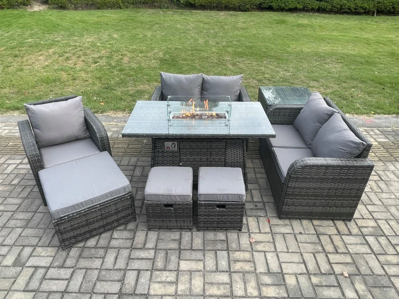 Image of Fimous Outdoor Sofa Rattan Garden Furniture Set Patio Gas Fire Pit Dining Table and Reclining Chair set with Side Table 3 Footstools Dark Grey