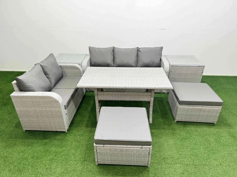 Image of Fimous 7 Seater PE Rattan Wicker Garden Furniture Patio Conservatory Sofa Set with Rectangular Dining Table 3 Seater Sofa Love Sofa 2 Big Footstool 2