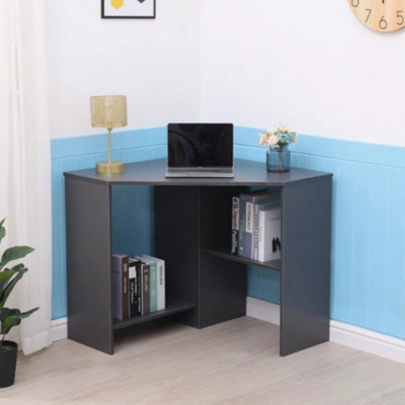 Image of Home Source Wellington Compact Office Computer Corner Desk with Storage Shelves Dark Grey