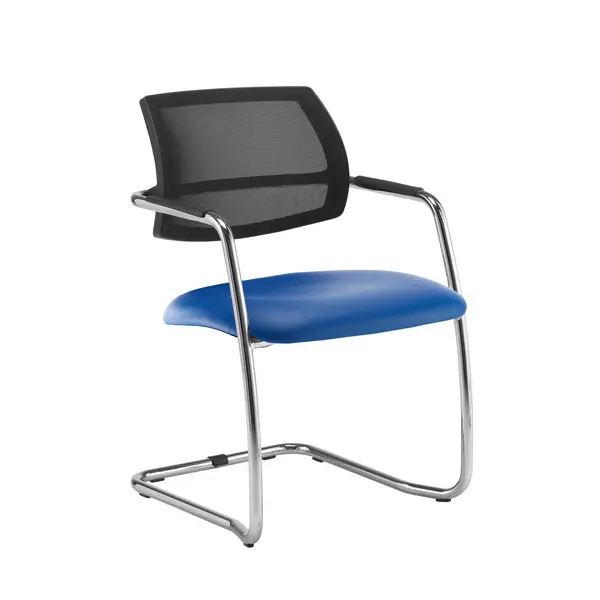 Image of Tuba chrome cantilever frame conference chair with half mesh back - Ocean Blue vinyl