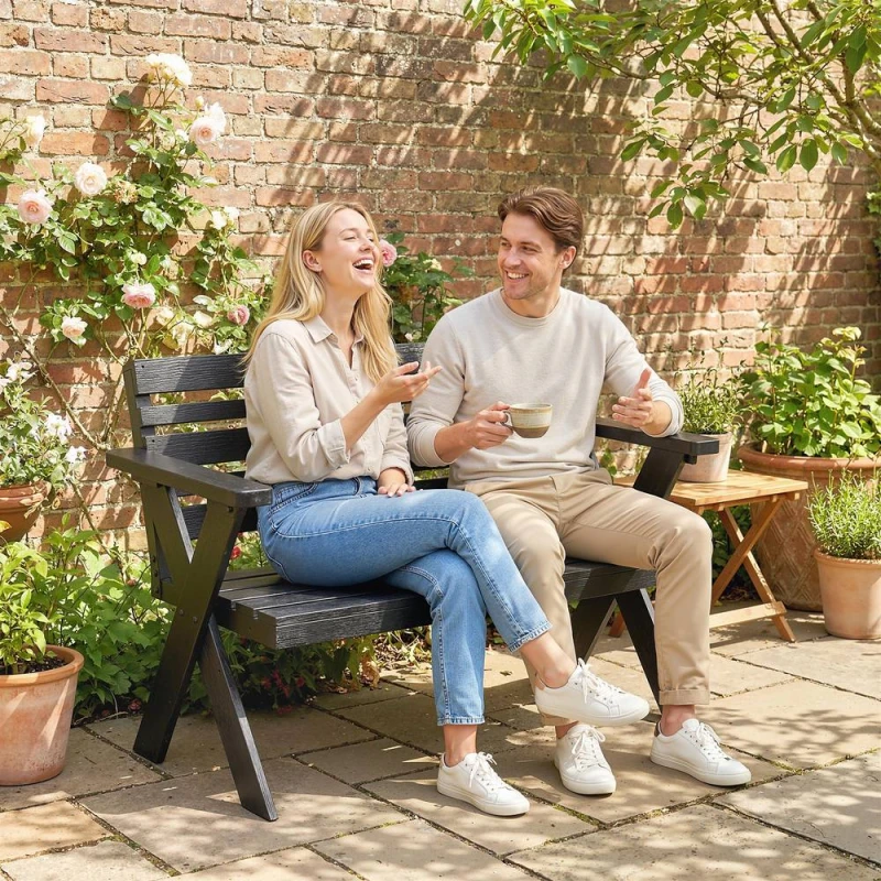 Image of OUTSUNNY 2 Seater Wood Garden Bench, Slatted Patio Bench with Armrest Black Unisex