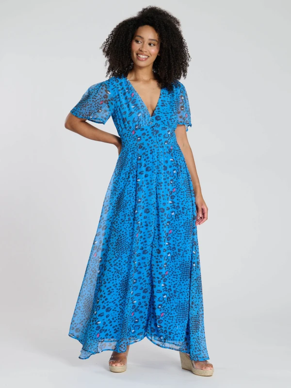 Image of South Beach Womens Printed Metallic Chiffon Button Detail Midi Dress in Blue Size: 10 Blue Female 10