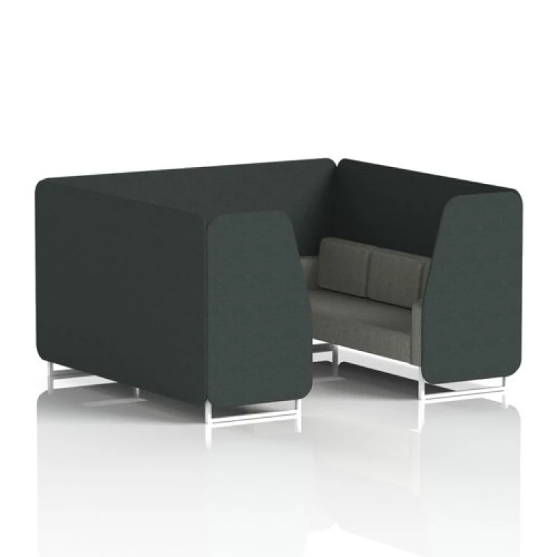 Image of Brixworth 6 Seater Office Booth with Front Panel - White Legs in Rivet Fabric - Charcoal Panels and Vitreous Sofa