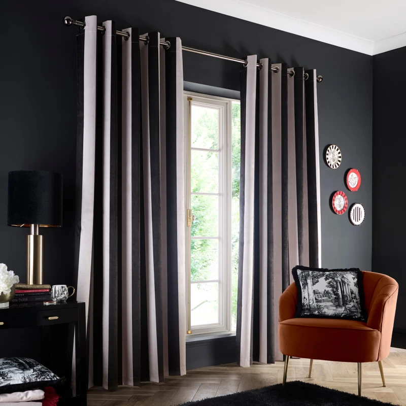Image of Laurence Llewelyn-Bowen Laurence Llewelyn-Bowen 'Festivo Stripe' Striped Velvet Blackout Pair of Eyelet Curtains Size: 117cm width x 137cm drop Blac